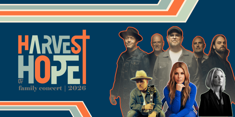 Harvest of Hope banner featuring MercyMe, Tasha Layton, Sam Wesley, and Mary-Clair
